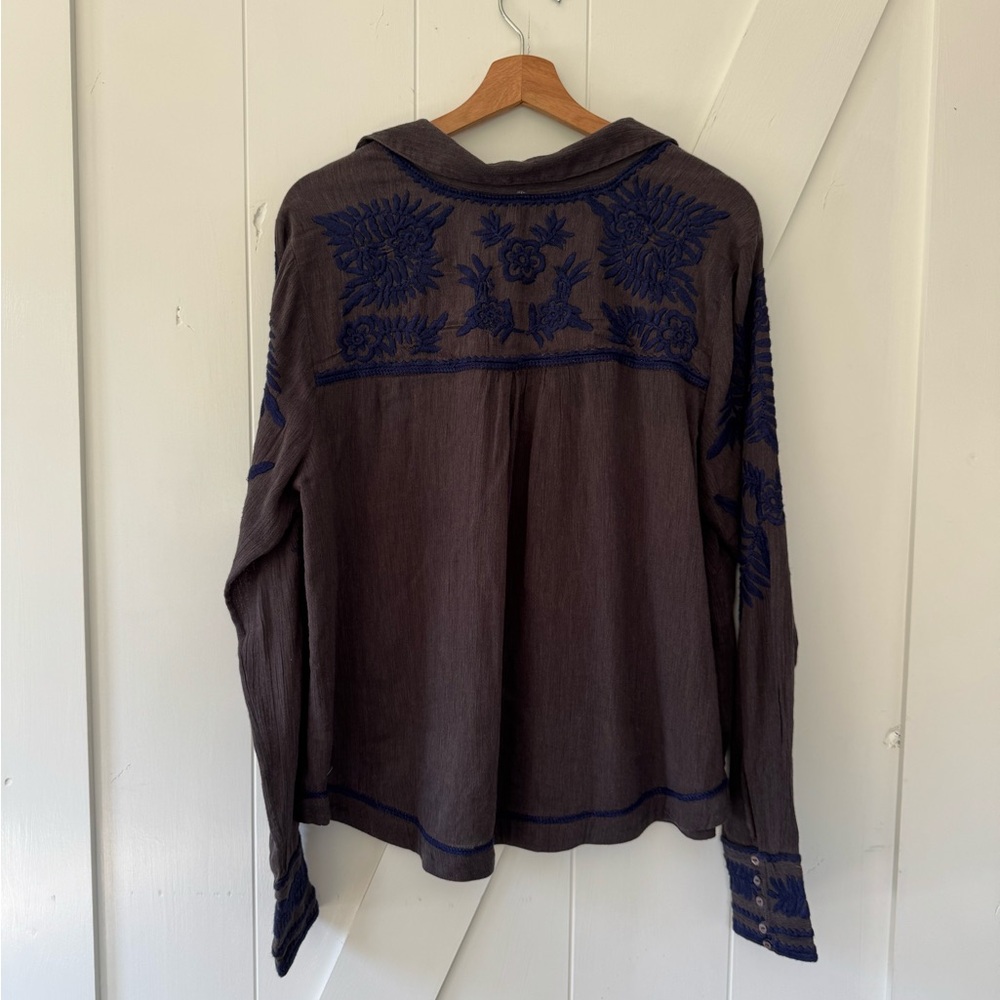 Free People Embellished Blue and Gray Long Sleeve Blouse - Picture 6 of 7